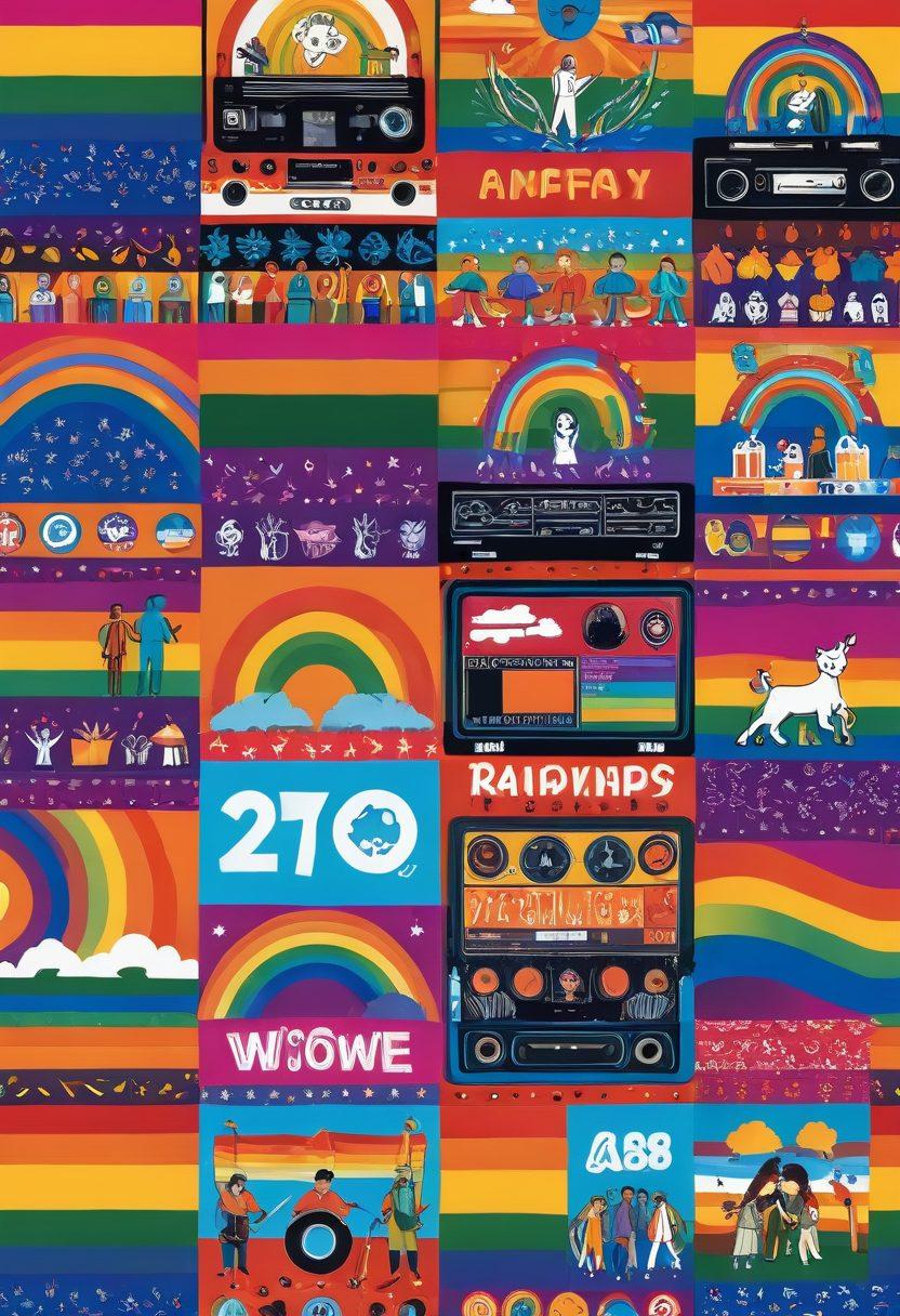 A colorful digital collage featuring diverse LGBTQ symbols, such as rainbows and pride flags, intertwined with film reels and streaming icons. Include silhouettes of joyful people watching on screens in a cozy setting, capturing a sense of community and celebration. Emphasize an uplifting atmosphere with bright colors and playful graphics. vibrant colors. modern pop art style.