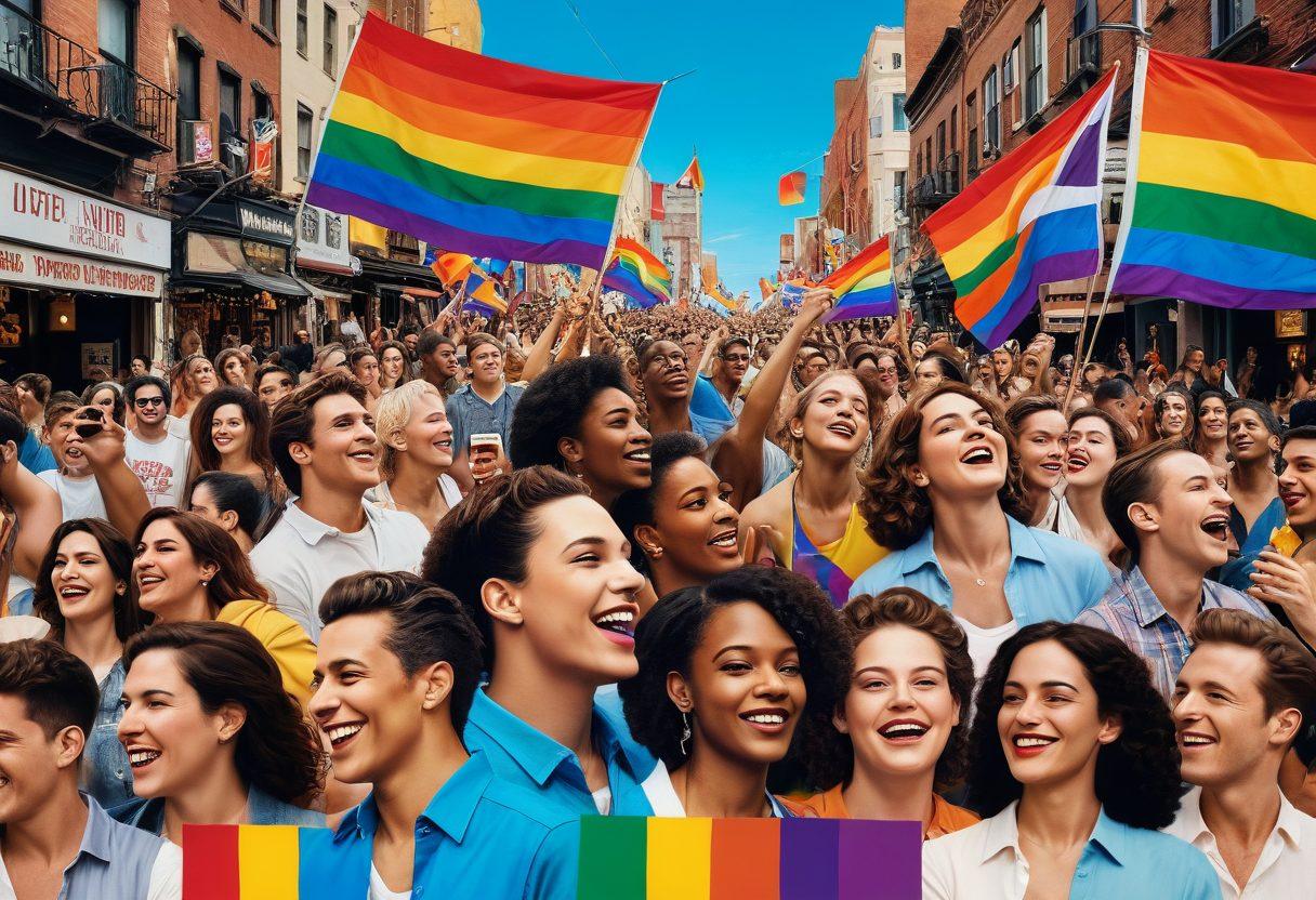 A vibrant collage depicting iconic LGBTQ film scenes, rainbow flags, and diverse individuals celebrating together at a lively street festival. Integrate elements of film reels and classic movie posters in the background, combined with symbols of love and unity. Emphasize inclusivity with bold colors and dynamic poses. super-realistic. vibrant colors. energetic atmosphere.