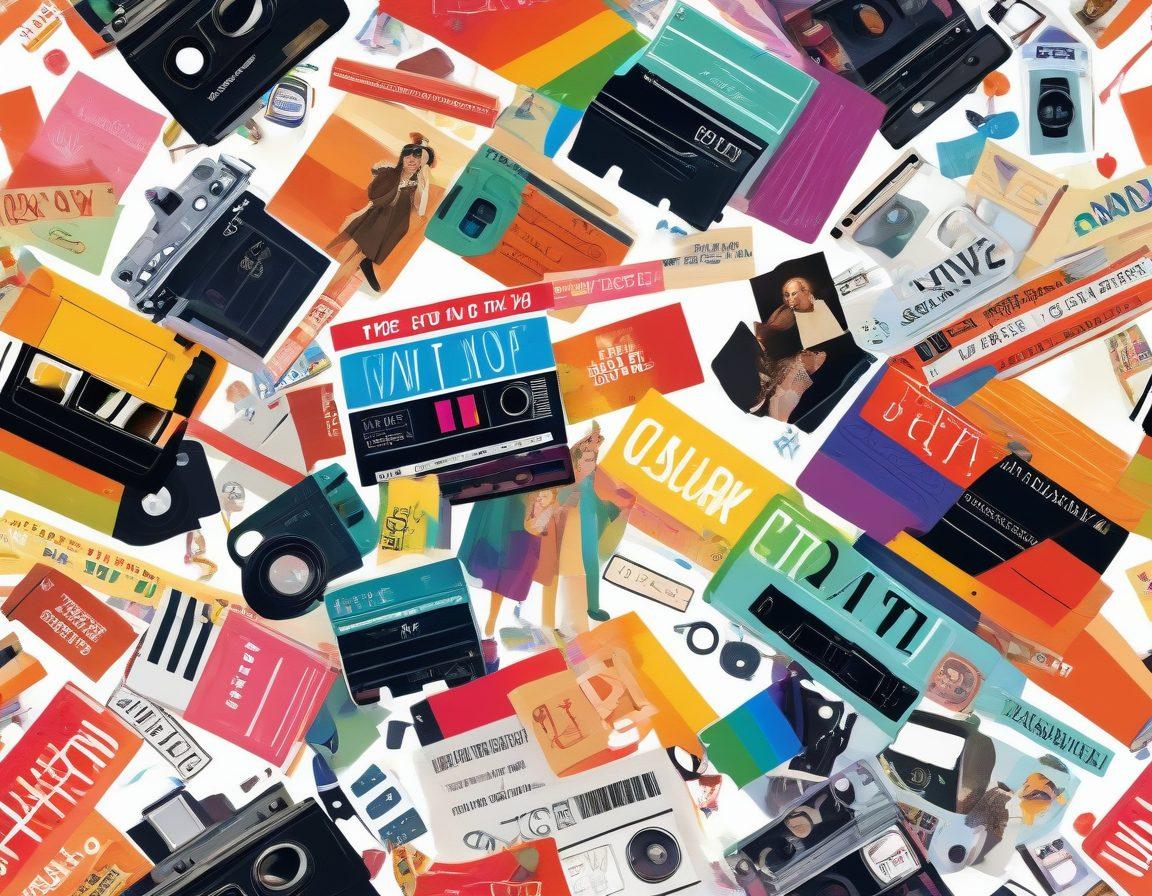 A colorful collage of LGBTQ icons in film and media, showcasing a variety of genres such as comedy, drama, and romance. Include vibrant home video tapes scattered throughout, symbolizing the diverse range of gay home videos. Bright rainbow colors radiate from the center, creating an inviting and celebratory atmosphere. Elements like film reels and clapperboards enhance the cinematic theme. vector art. vibrant colors. white background.